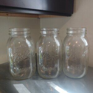SET OF 3 - Vintage Ball Sculptured Glass Mason Jar Quart Sized Fruit Design